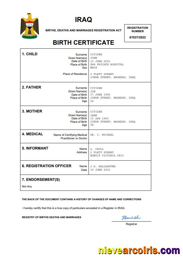 Iraq birth certificate